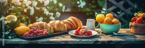 Tasty sweet breakfast on wooden table in garden. Summer background. Created with generative Ai