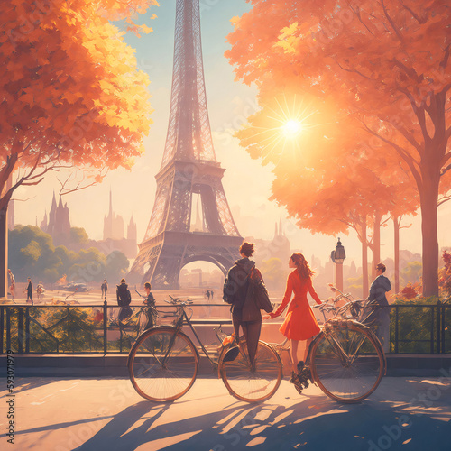 Illustration postcard of a couple in love on bicycles in Paris with the Eiffel Tower in the background © Natalie