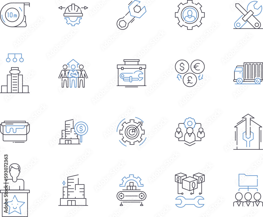 Fototapeta premium Industrial business outline icons collection. Industry, Business, Manufacturing, Factory, Industrialization, Commerce, Processing vector and illustration concept set. Plants, Warehouses, Distribution