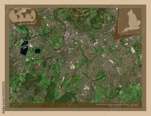 Royal Borough of Kingston upon Thames, England - Great Britain. Low-res satellite. Labelled points of cities photo