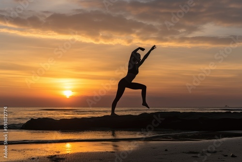 a lady doing yoga in front of a sunset. Generative AI