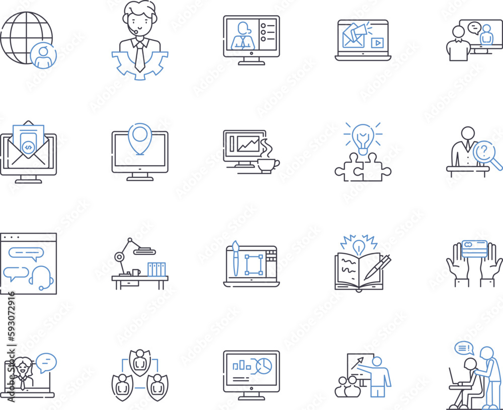 Working management outline icons collection. Workforce, Management, Organizing, Supervising, Directing, Planning, Coordinating vector and illustration concept set. Scheduling, Strategizing