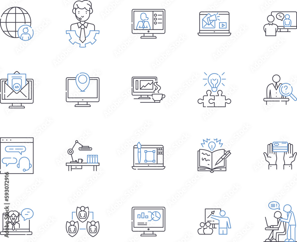 Working management outline icons collection. Workforce, Management, Organizing, Supervising, Directing, Planning, Coordinating vector and illustration concept set. Scheduling, Strategizing Working management outline icons collection. Workforce, Management, Organizing, Supervising, Directing, Planning, Coordinating vector and illustration concept set. Scheduling, Strategizing