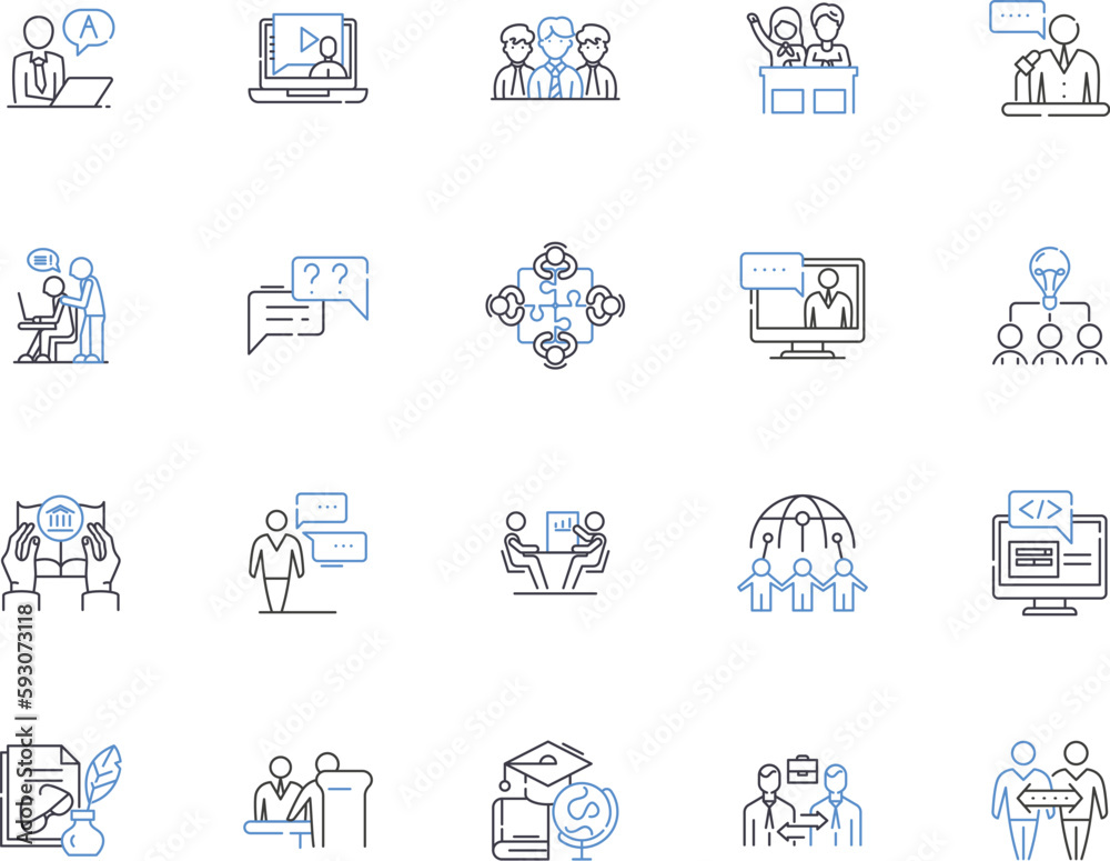 Teaching outline icons collection. Tutor, Instruct, Educate, Guide, Coach, Direct, Lecture vector and illustration concept set. Mentor, School, Teach linear signs
