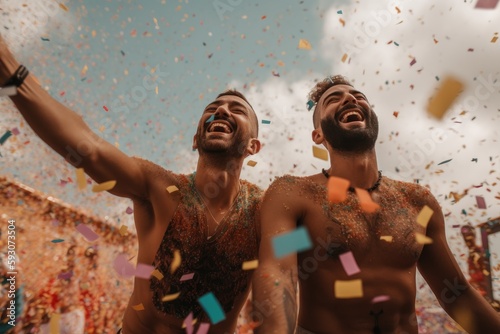 Confetti raining onto a gay couple with gay flag , rainbow flag ,laughing and having fun at a festival Generative AI