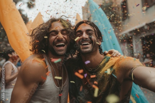 Confetti raining onto a gay couple with gay flag , rainbow flag ,laughing and having fun at a festival Generative AI