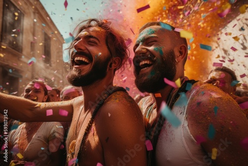 Confetti raining onto a gay couple with gay flag , rainbow flag ,laughing and having fun at a festival Generative AI © ChaoticMind
