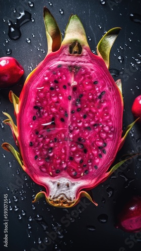 Fresh dragon fruit with water droplets running down the delicious juicy fruit. This is a generative ai picture. 