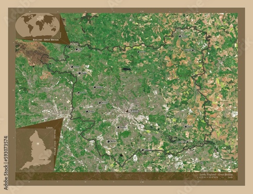 Leeds, England - Great Britain. Low-res satellite. Labelled points of cities photo