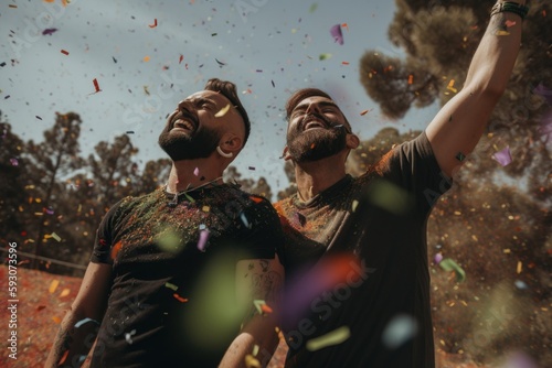 Confetti raining onto a gay couple with gay flag , rainbow flag ,laughing and having fun at a festival Generative AI