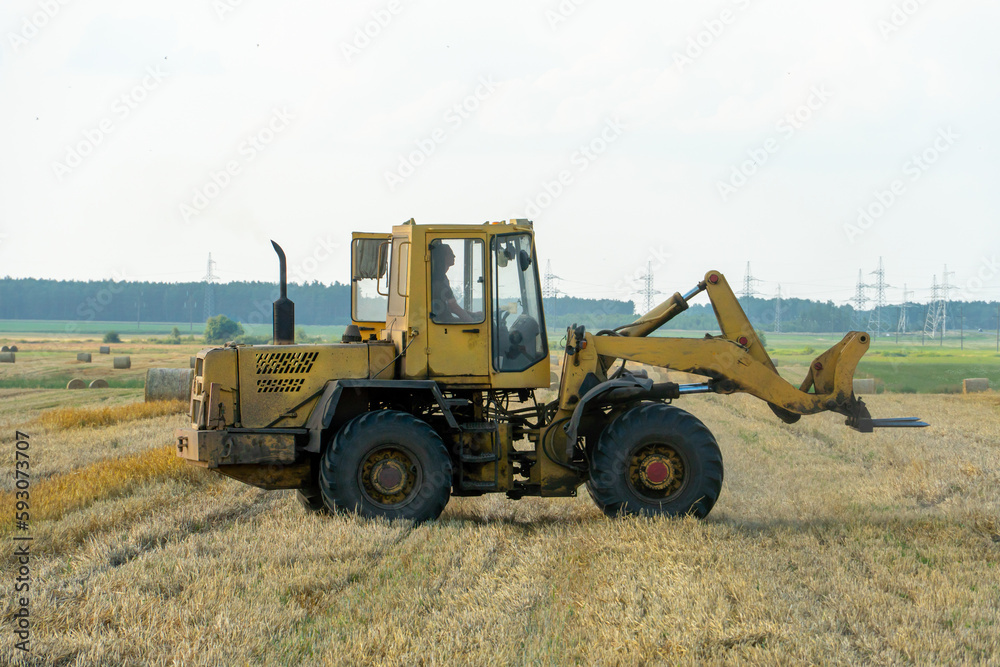 A yellow tractor with the help of a manipulator puts round bales of hay on a trailer. Transportation of hay bales in meta storage and drying. Preparation of feed for cattle A yellow tractor with the help of a manipulator puts round bales of hay on a trailer. Transportation of hay bales in meta storage and drying. Preparation of feed for cattle