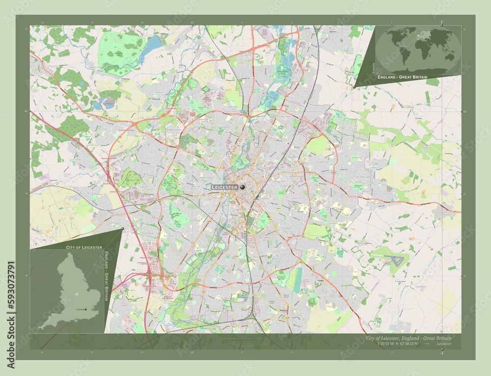 Fototapeta premium City of Leicester, England - Great Britain. OSM. Labelled points of cities