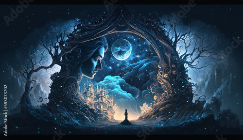 A fantastic portal made of twisted and intricate trees and branches. Ai abstract fantasy panorama with moon, blue magical night atmosphere, a fairy castle. profile of a beautiful sorceress woman. 
