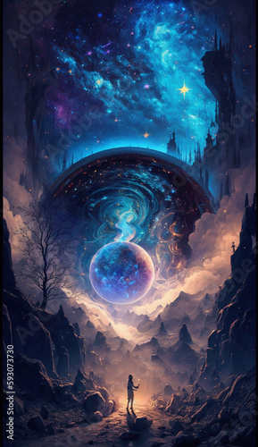 Man in front of a space castle, magic poster art, spirits coming out of portal, sphere, floating in front of a blue starry nebula, beautiful fantasy, heavens gate. mobile phone cover, epic AI image