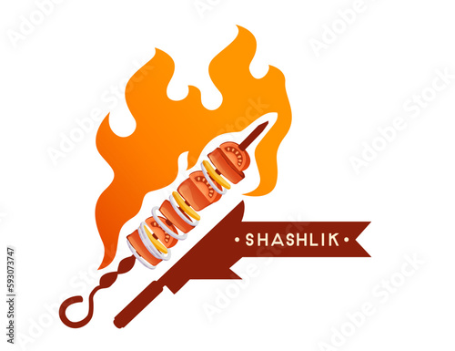 Roasted kebab shashlik on skewer with fire bbq grilled food logo design vector illustration on white background