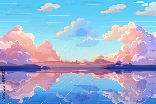 serene lake with fluffy clouds in the sky. Generative AI