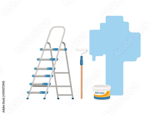 Home renovation with stepladder paint roller and acryl matt vector illustration isolated on white background