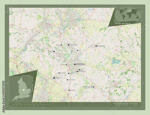 Leicestershire, England - Great Britain. OSM. Labelled points of cities