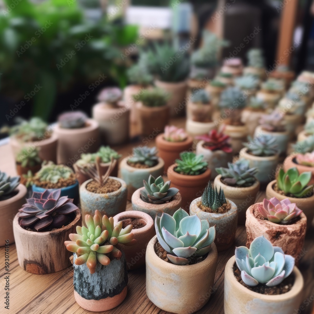 Rows of cute tiny succulent pots on a wooden table - Generative AI