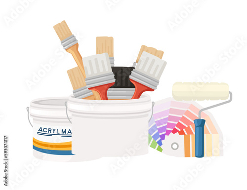 Plastic or cardboard color palette guide with brushes and paint roller vector illustration on white background