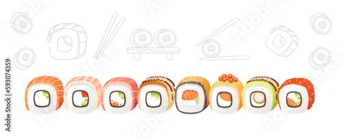 Set of sushi roll food delivery service menu vector illustration on white background