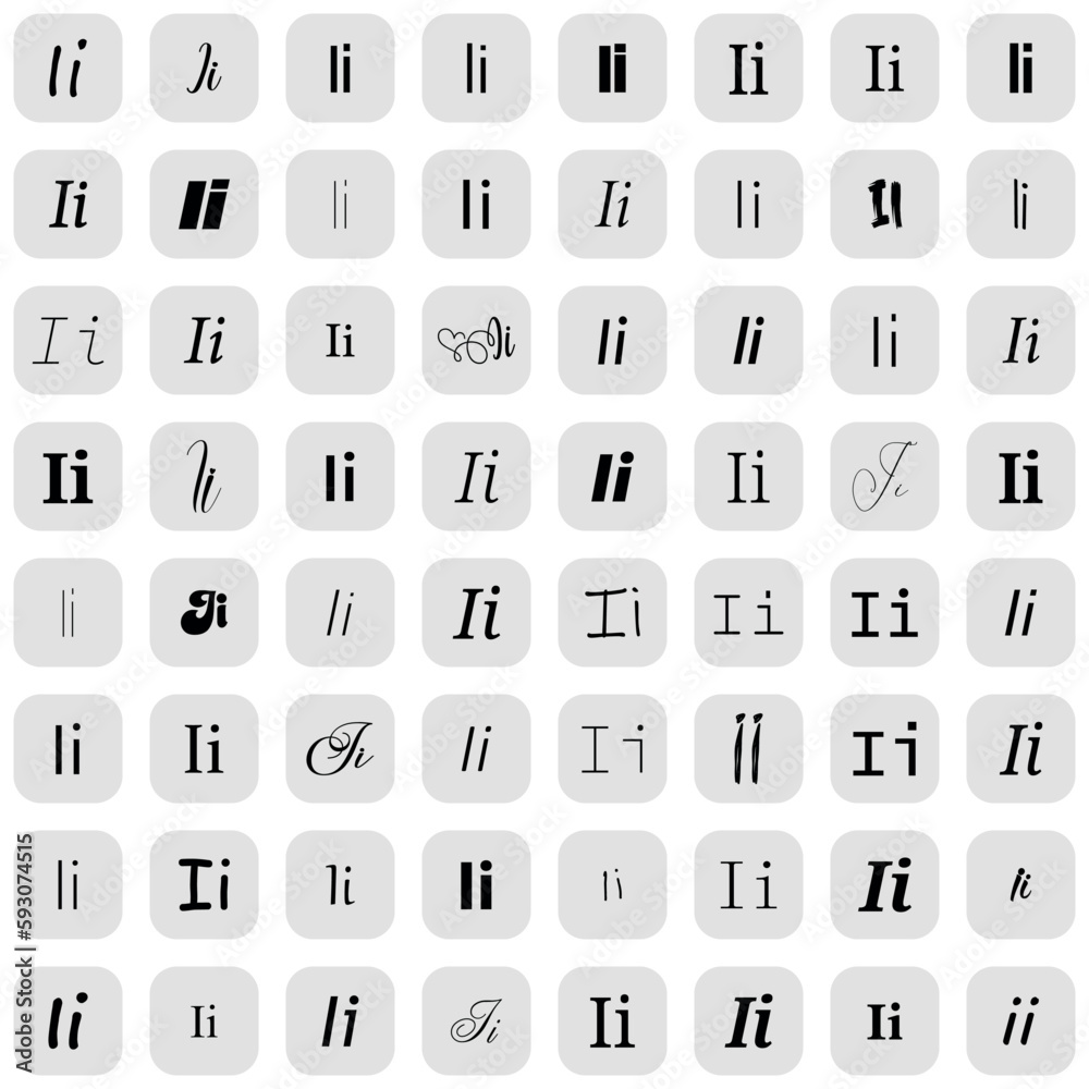 Letter i in different fonts on white background. Type design collection on grey buttons. Vector illustration. Letter i in different fonts on white background. Type design collection on grey buttons. Vector illustration.