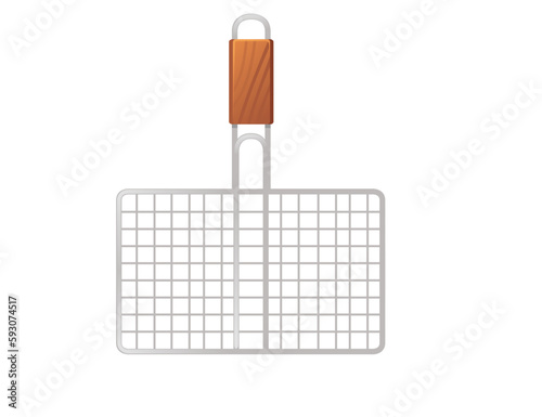 Barbecue grill grate stainless steel with wooden handle cooking equipment vector illustration isolated on white background.