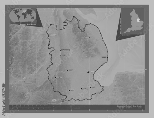 Lincolnshire, England - Great Britain. Grayscale. Labelled points of cities
