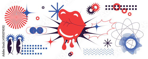 Shapes with lips and geometric elements in a modern style.