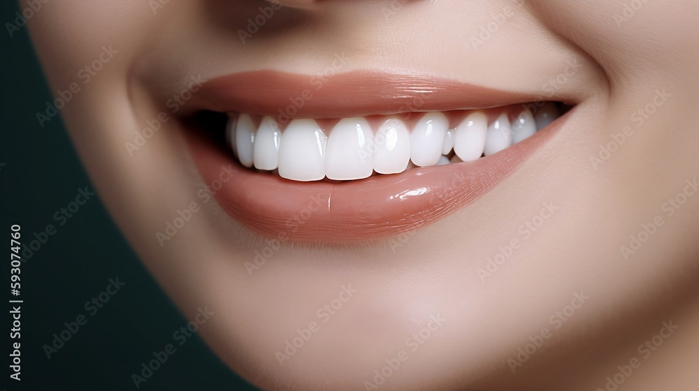 This is an advertisement for Banner's tooth whitening services, showcasing a close-up of a female's perfect white teeth with a shade guide to illustrate the bleach color. Generative AI This is an advertisement for Banner's tooth whitening services, showcasing a close-up of a female's perfect white teeth with a shade guide to illustrate the bleach color. Generative AI