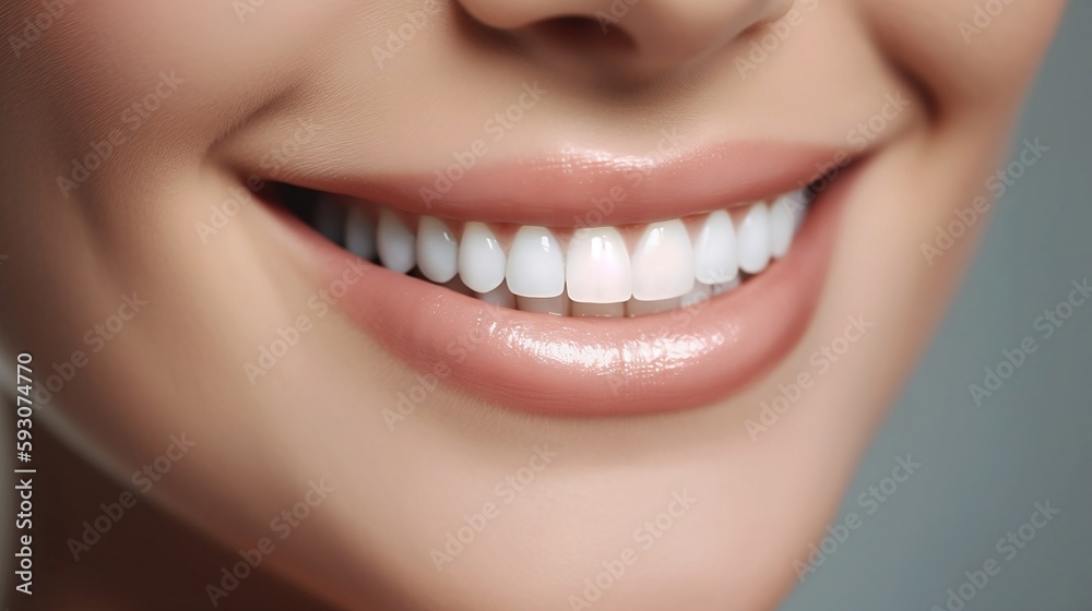 Obraz premium This is an advertisement for Banner's tooth whitening services, showcasing a close-up of a female's perfect white teeth with a shade guide to illustrate the bleach color. Generative AI