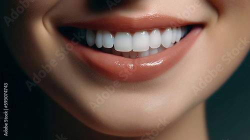 This is an advertisement for Banner's tooth whitening services, showcasing a close-up of a female's perfect white teeth with a shade guide to illustrate the bleach color.  Generative AI