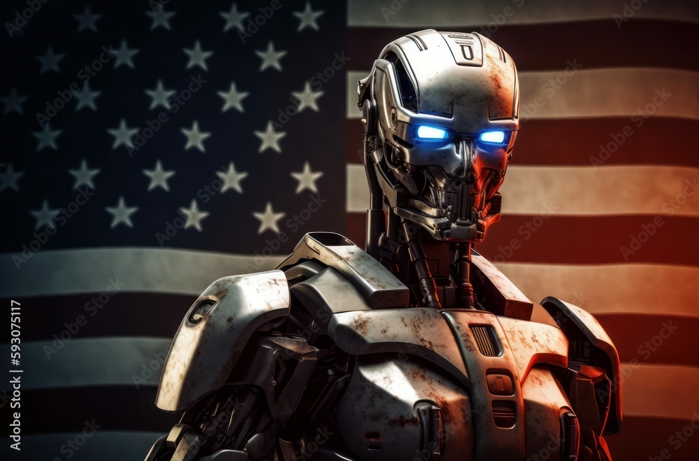 A robot with artificial intelligence on neural networks on a blurred background of the US flag. AI generated