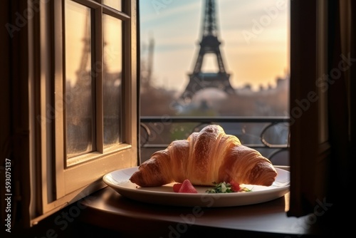 French croissant. Breakfast in Paris. AI generated, human enhanced