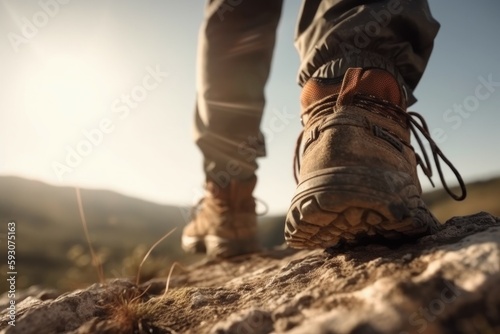 Hiker goes against sky and sun. Hiking concept. AI generated, human enhanced