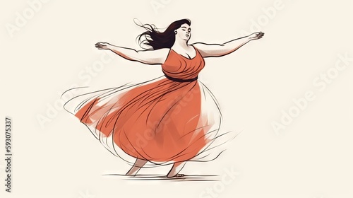 A woman with realistic body type dancing joyfully. Real is Beautiful concept illustration. Generative AI. 