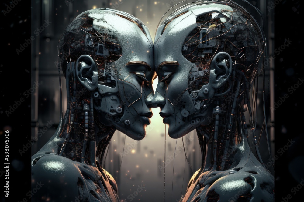 Two robots show each other feelings. Love robots concept. AI generated, human enhanced Two robots show each other feelings. Love robots concept. AI generated, human enhanced