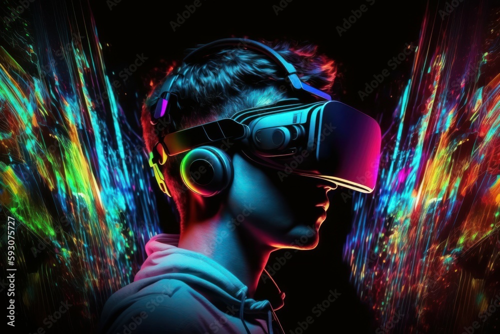 Young man wearing virtual reality glasses. AI generated, human enhanced.