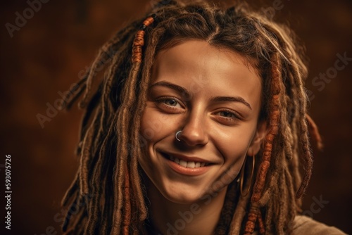 Portrait of a happy smiling pretty caucasian european woman with dreadlocks. AI generated, human enhanced