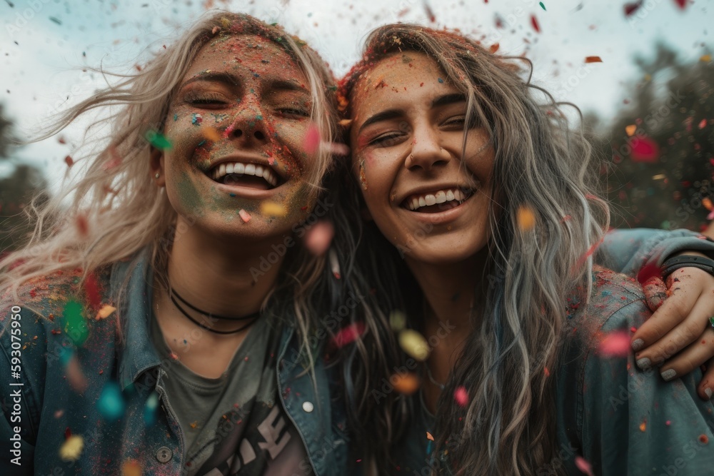 Heartwarming moment captured at a lively festival, where confetti rains down on a joyful lesbian couple holding up the rainbow flag, laughing and enjoying their time together Generative Ai Heartwarming moment captured at a lively festival, where confetti rains down on a joyful lesbian couple holding up the rainbow flag, laughing and enjoying their time together Generative Ai