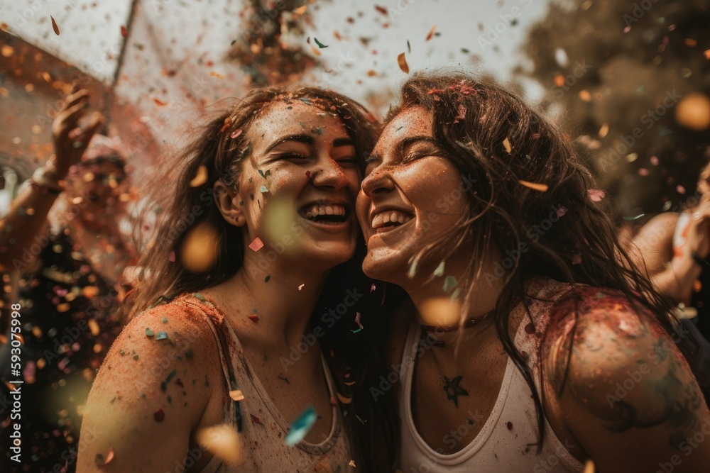 Heartwarming moment captured at a lively festival, where confetti rains down on a joyful lesbian couple holding up the rainbow flag, laughing and enjoying their time together Generative Ai