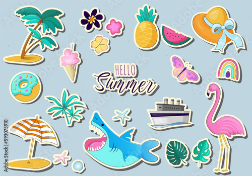 Set of cute summer stickers palm tree  beach umbrella  tropical flowers  flamingo. Perfect for summertime poster  card  scrapbooking  invitation.