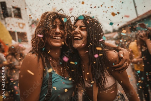 Heartwarming moment captured at a lively festival, where confetti rains down on a joyful lesbian couple holding up the rainbow flag, laughing and enjoying their time together Generative Ai