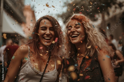 Heartwarming moment captured at a lively festival, where confetti rains down on a joyful lesbian couple holding up the rainbow flag, laughing and enjoying their time together Generative Ai