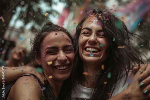 Heartwarming moment captured at a lively festival, where confetti rains down on a joyful lesbian couple holding up the rainbow flag, laughing and enjoying their time together Generative Ai © ChaoticMind