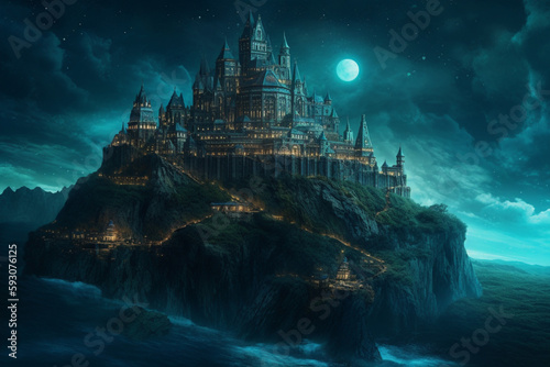 Majestic magic castle in the night with moonlight. Epic scene and legendary background with dramatic lighting. Ai horizontal illustration of fantasy landscape. Wallpaper poster for desktop and display