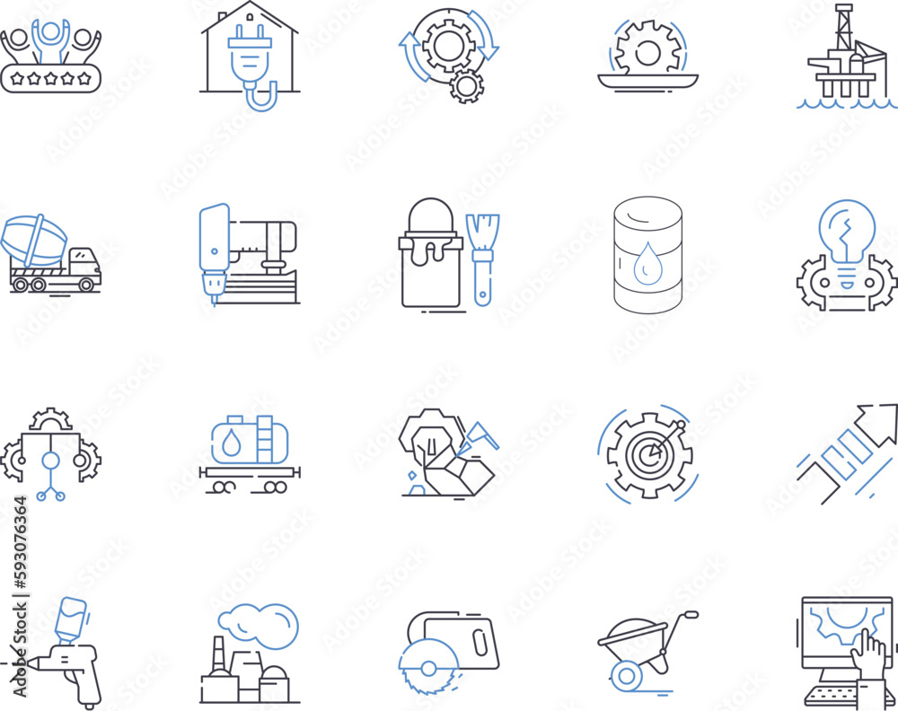 Builder production outline icons collection. Constructor, Fabricator, Manufacturer, Assembler, Producer, Carpentry, Craftsman vector and illustration concept set. Artisan, Joiner, Craftsmanship linear Builder production outline icons collection. Constructor, Fabricator, Manufacturer, Assembler, Producer, Carpentry, Craftsman vector and illustration concept set. Artisan, Joiner, Craftsmanship linear