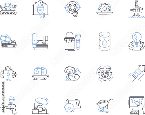 Builder production outline icons collection. Constructor, Fabricator, Manufacturer, Assembler, Producer, Carpentry, Craftsman vector and illustration concept set. Artisan, Joiner, Craftsmanship linear