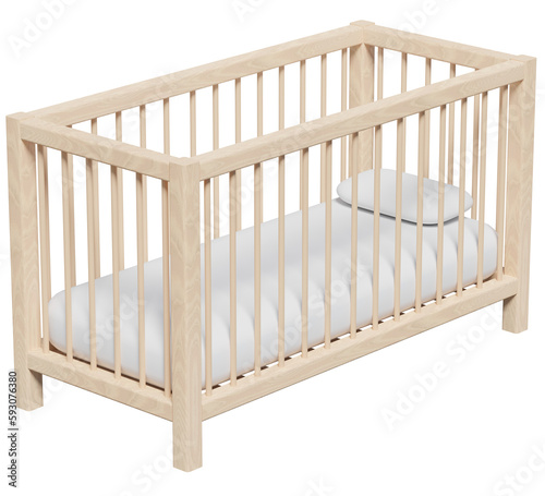 Fototapeta Naklejka Na Ścianę i Meble -  Wooden baby crib against isolated background, 3d rendering. Giving birth, having children, interior decor and furniture for a newborn