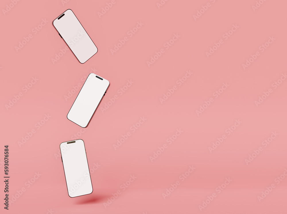Smartphones with white screen floating in pink background, 3d rendering. Modern digital technology, communication, apps and advertising concept Smartphones with white screen floating in pink background, 3d rendering. Modern digital technology, communication, apps and advertising concept